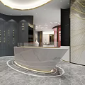 Elegant Modern Lobby Interior With Marble Reception Desk Lighting And Brand Logos