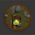 Frog Character In Red Shirt And Blue Pants Chopping Wood With Stones Grass Round Base