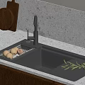 Modern Kitchen Sink Area With Stainless Steel Basin Drainer Basket Fruits And Wooden Cutting Board
