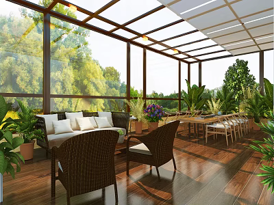 Spacious Villa Balcony Featuring Glass Roof Green Plants Rattan Furniture and Wooden Flooring 3d model