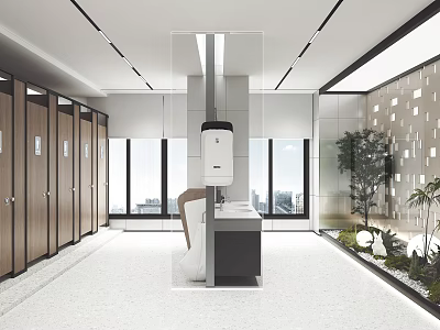 Modern Public Restroom Interior Design With Stalls Sink Area And Green Plants 3d model