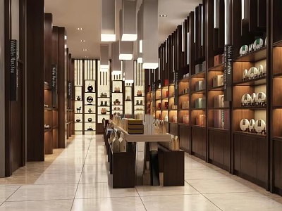 Specialty Store Interior With Wooden Display Shelves And Various Products Elegant Lighting And Spacious Layout 3d model