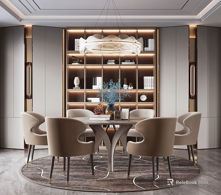 Round Dining Table Set with Six Chairs Marble Top and Pendant Light Bookshelf 3d model 