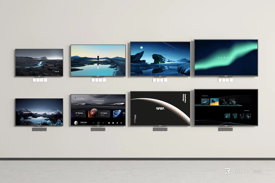 Multiple Modern Wall Mounted TVs Displaying Nature Landscapes And Tech Interfaces 3d model