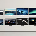 Multiple Modern Wall Mounted TVs Displaying Nature Landscapes And Tech Interfaces 3d model