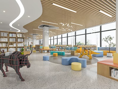 Modern Lounge With Colorful Seats Bookshelves Art Sculpture And Large Windows 3d model