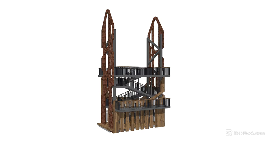 Roadside Facility Multi Level Structure With Wooden And Metal Staircase And Platform 3d model 