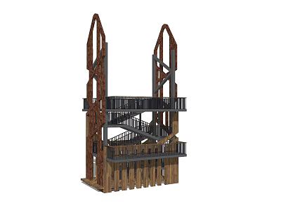 Roadside Facility Multi Level Structure With Wooden And Metal Staircase And Platform 3d model