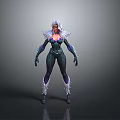 Female Fantasy Character With White Long Hair Red Skin Black Tight Suit White Fur Decorations