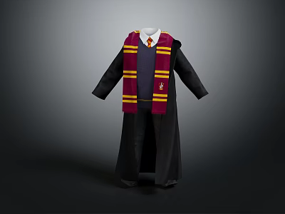 Classic Hogwarts Robe Costume With Red Yellow Striped Scarf And Tie 3d model
