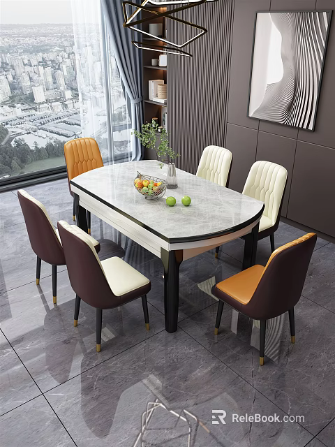Modern Dining Table Set With Marble Top Six Mixed Color Chairs And Fruit Vase 3d model 