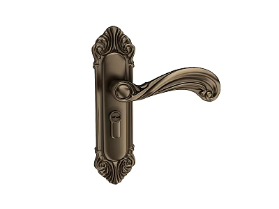 Ornate Antique Brass Door Handle With Intricate Carved Design And Curved Lever 3d model
