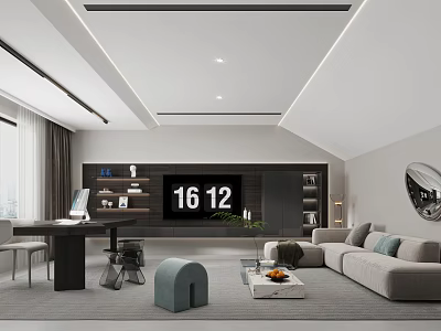 Modern Living Room Interior With Smart TV Gray Sofa Green Cushions Bookshelf And Desk 3d model