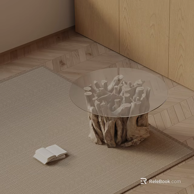 Natural Wood Stump Side Table With Glass Top On Rug Near Open Book 3d model 