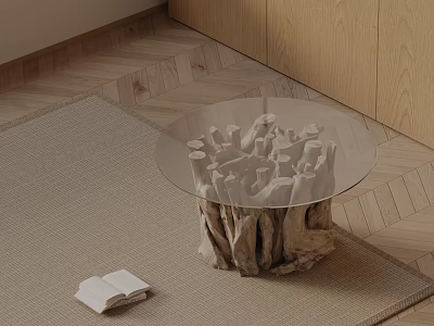 Natural Wood Stump Side Table With Glass Top On Rug Near Open Book 3d model