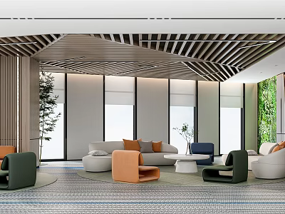 Modern Lounge Area Interior With Comfortable Sofa Colorful Chairs Green Wall And Patterned Carpet 3d model