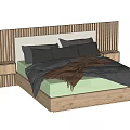 Double Bed With Wooden Vertical Striped Headboard Side Tables Gray Bedding And Brown Throw Blanket