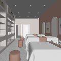 Modern Beauty Salon Interior With Product Shelves Comfortable Sofa And Pendant Lights