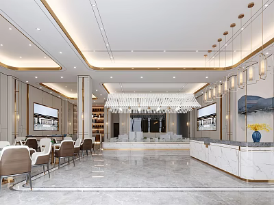 Modern Real Estate Sales Office Interior With Marble Reception Counter Hanging Chandeliers And Seating Area 3d model