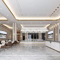Modern Real Estate Sales Office Interior With Marble Reception Counter Hanging Chandeliers And Seating Area