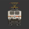 White Electric Train Featuring Orange Stripes Yellow Pantographs on Reflective Surface
