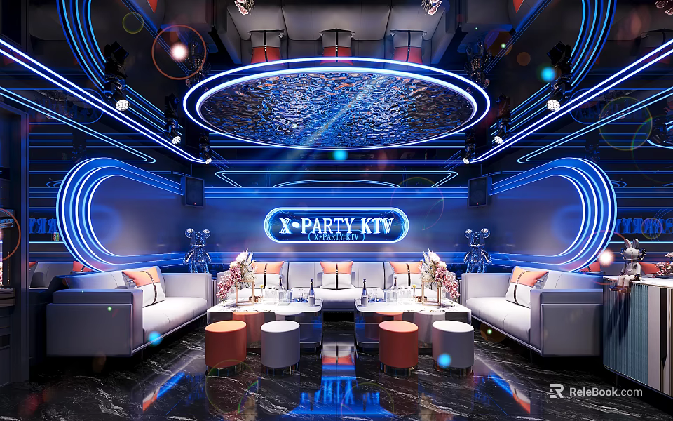 Modern N PARTY KTV Interior With Neon Lights Sofa And Round Tables 3d model 