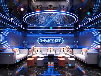 Modern N PARTY KTV Interior With Neon Lights Sofa And Round Tables 3d model