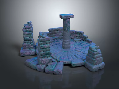 Cartoon Scene With Round Stone Platform Central Pillar And Surrounding Purple Blue Towers 3d model
