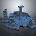 Cartoon Scene With Round Stone Platform Central Pillar And Surrounding Purple Blue Towers
