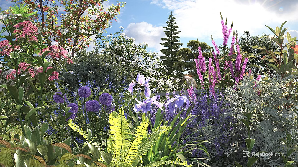 Vibrant Garden Showcasing Purple Irises Blue Alliums Pink Blooms Ferns And Green Trees Under Blue Sky 3d model 