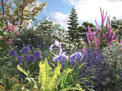 Vibrant Garden Showcasing Purple Irises Blue Alliums Pink Blooms Ferns And Green Trees Under Blue Sky 3d model