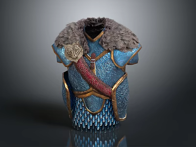 Ornate Blue Decorative Tunic With Fur Trim Red Sash And Metallic Texture 3d model