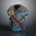 Ornate Blue Decorative Tunic With Fur Trim Red Sash And Metallic Texture