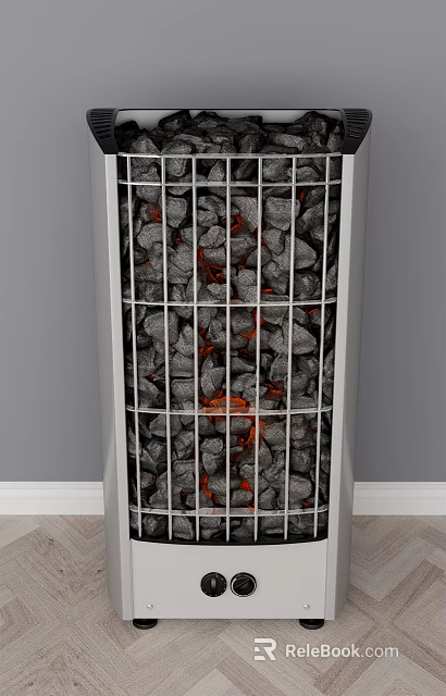 Indoor Metal Grate Stove Filled With Red Glowing Coals And Gray Wall Background 3d model 