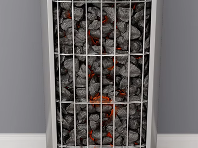 Indoor Metal Grate Stove Filled With Red Glowing Coals And Gray Wall Background 3d model