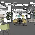 Modern Restaurant Interior With Green Chairs Plants Hanging Lights And Dining Tables
