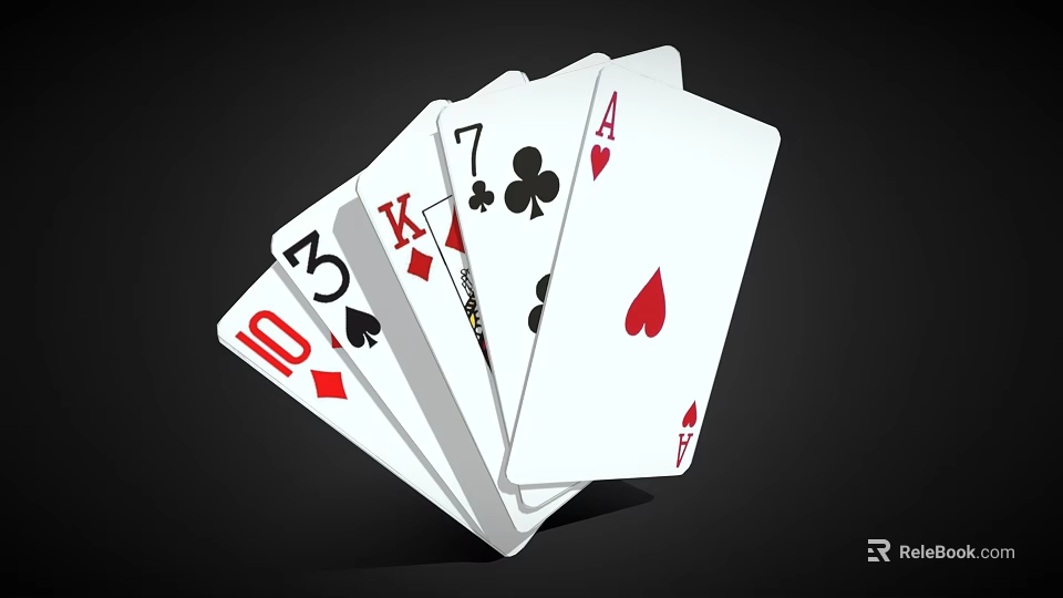 Display of Playing Cards Featuring Ten Three King Seven and Ace on Black Background 3d model 
