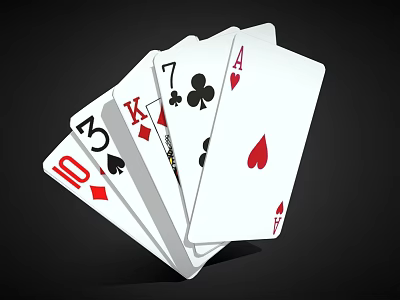 Display of Playing Cards Featuring Ten Three King Seven and Ace on Black Background 3d model