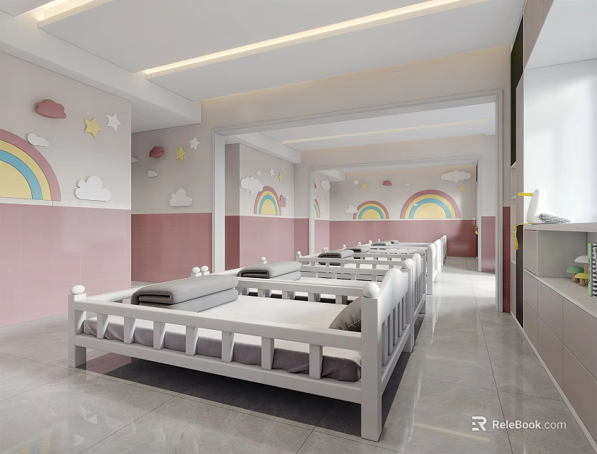 Cheerful Kindergarten Bedroom Interior With Small Beds Rainbow Stars Cloud Decor And Pink White Walls 3d model 