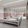 Cheerful Kindergarten Bedroom Interior With Small Beds Rainbow Stars Cloud Decor And Pink White Walls