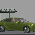 Green Sedan Car With Sleek Design Parked By Black Arched Structure