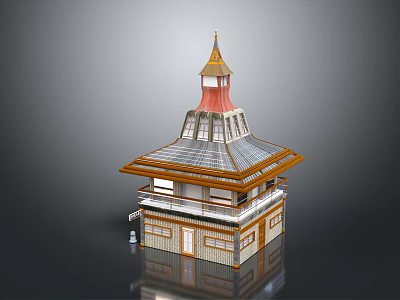 Traditional Classical Tower Architecture With Multi layered Structure And Golden Red Roof 3d model
