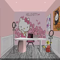 Hello Kitty Themed Public Office Space With Pink Walls White Desk Ring Lights And Decorations