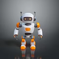 White And Orange Humanoid Robot With Antennas Round Eyes Standing On Black Background With Reflection