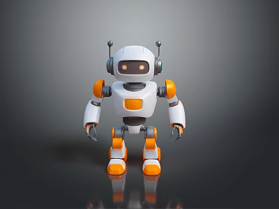 White And Orange Humanoid Robot With Antennas Round Eyes Standing On Black Background With Reflection 3d model