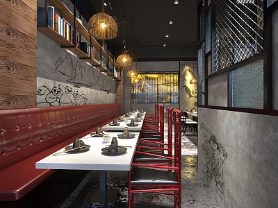 Modern Industrial Restaurant With Red Banquettes Red Chairs White Tables Graffiti Walls And Pendant Lights 3d model