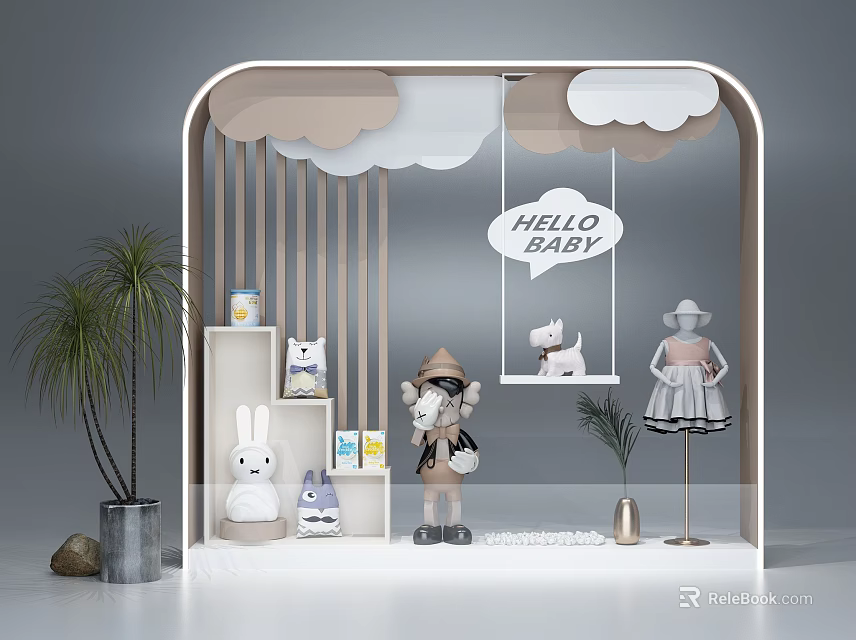 Baby Store Window Display With Cloud Decorations Hello Baby Sign Rabbit Girl Dolls And Plant 3d model 