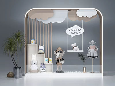 Baby Store Window Display With Cloud Decorations Hello Baby Sign Rabbit Girl Dolls And Plant 3d model
