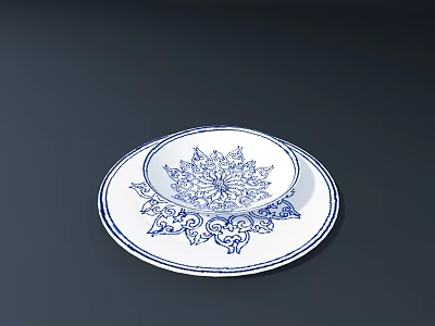 Elegant Ceramic Ware with Stacked Plates and Blue White Traditional Floral Patterns 3d model