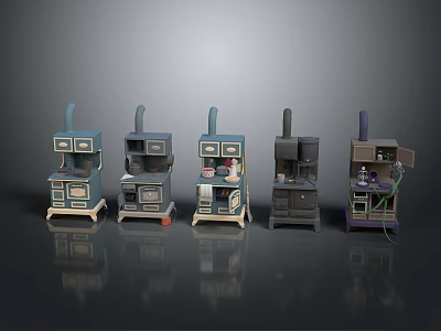 Vintage Style Machines With Different Colors Drawers Pipes And Control Panels 3d model